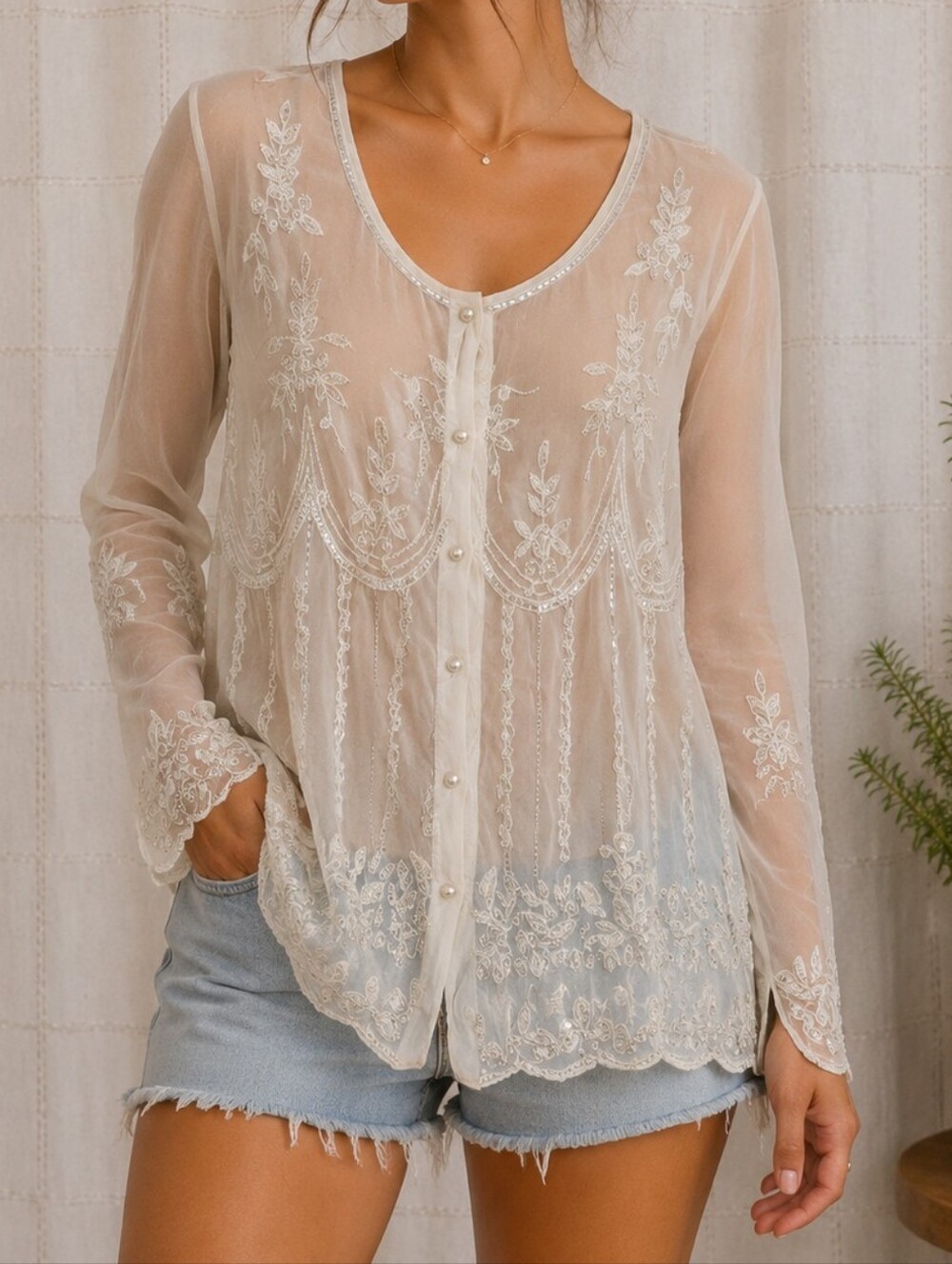 Sheer Ivory Embroidered Button-Front Women's Top